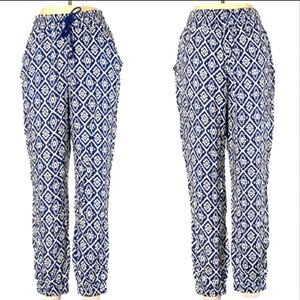 Drawstring Blue and White Geometric Lounge Pants, Size M